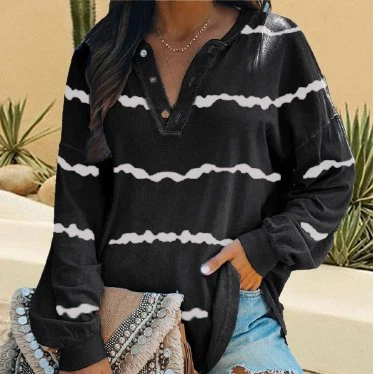 

wholesale long sleeve Women button V Neck Stripes Stand Collar Printed Shift Shirts