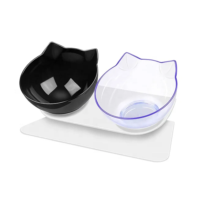 

High Quality Puppy Cat Feeding Bowl 15 Degree Tilted Raised Plastic Double Pet Bowl With Stand, Transparent,black,transparent+black