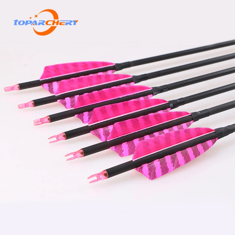 

New products archery bow arrows pink black stripes true feather pure carbon arrow for shooting, Picture color