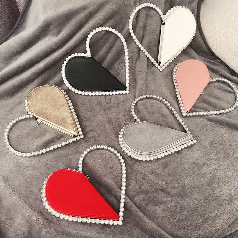 

2022 fashion heart wholesale custom logo new design luxury crystal clutch bag evening bags purses and handbags for women, White,red,black,pink,gold,silver