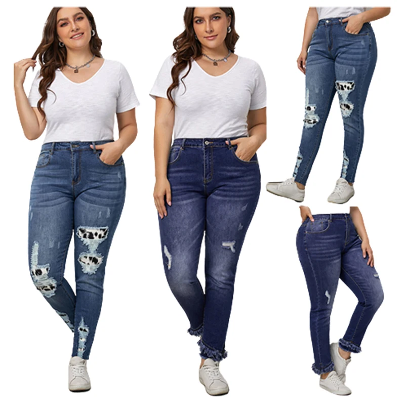 

Mid Waist Animal Inner Patches Ripped Skinny Pants Raw Hem Distressed Plus Size Women's Jeans