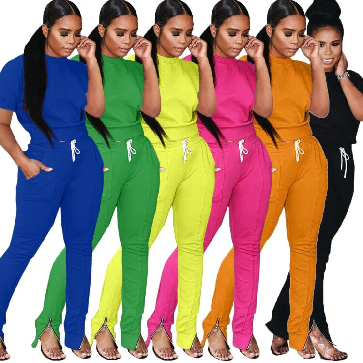 

New Short Sleeve Drawstring Trouser Solid Fashion Two Piece Set Women Clothing 2020, As shown