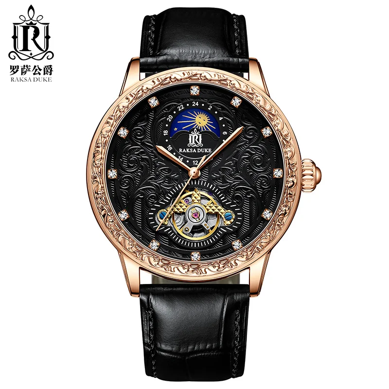 

Raksa Duke Tevise new brand High quality automatic Genuine Leather Tourbillon Moon Phase Stereo carving men watch, 3 color