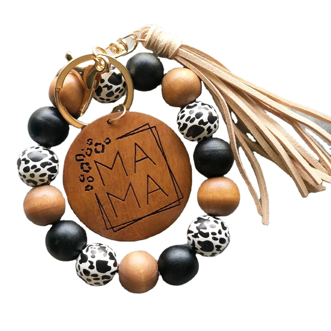 

Cheetah print Wooden beads bracelet Mama Wristlet new Mom birthday Mothers day gift for her, As picture