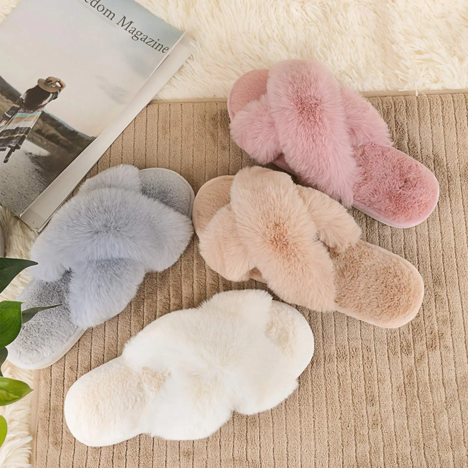

Women's Cross Band Slippers Soft Plush Furry Cozy Open Toe House Shoes Indoor Outdoor Faux Rabbit Fur Warm Comfy Slip On Breatha, Solid color