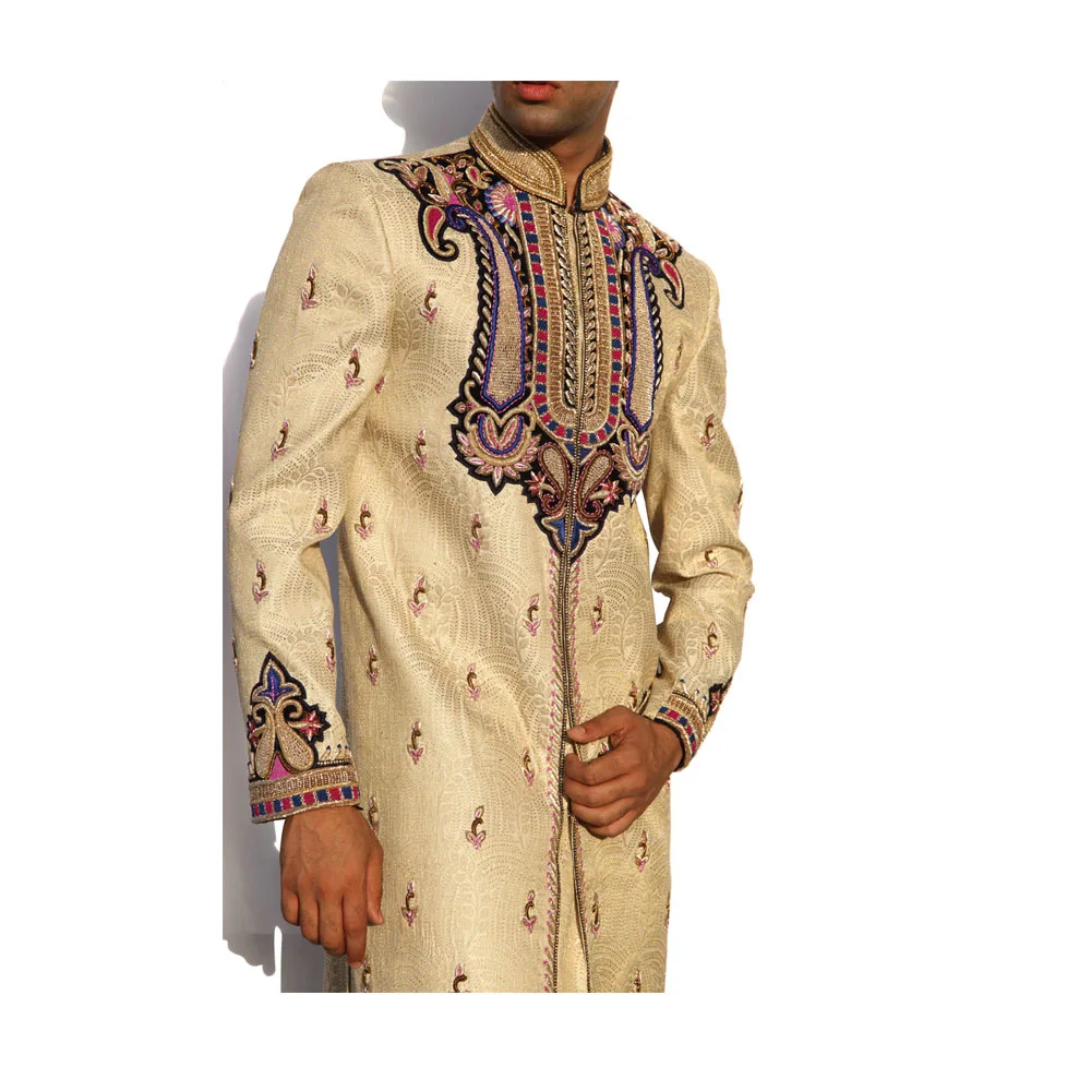 
Maharaja Design Indian Wedding Gold Cream Sherwani For Men Heavy Resham Embroidery With All Different Colours 