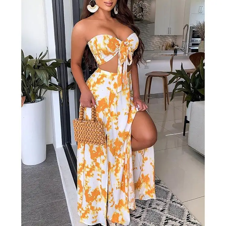 

Front Tie-bow Tie Dye Crop Top And Maxi Skirt Set