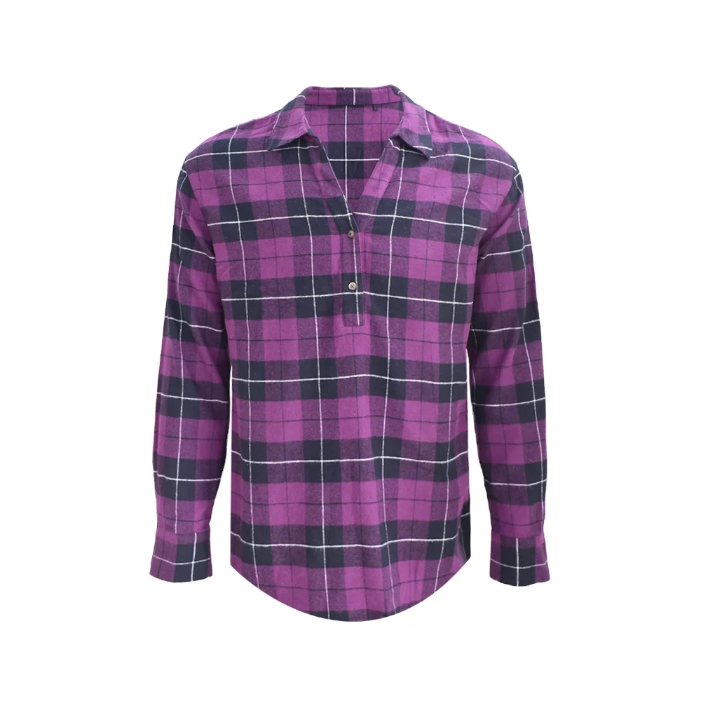 

New Design Hot Sale V-neck long-sleeved Solid Loose Check Woman Purple Causal Blouse