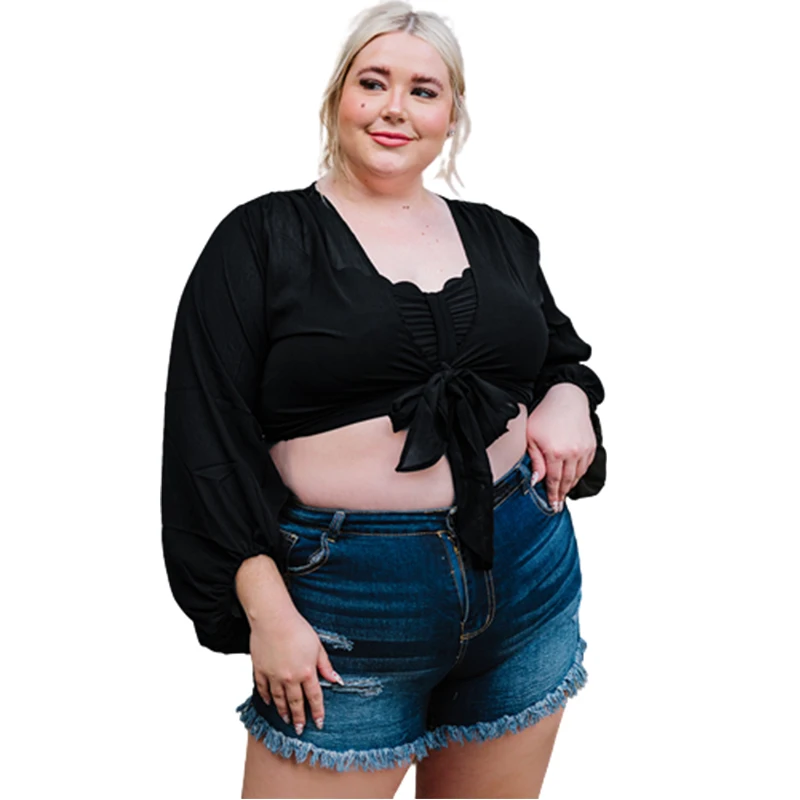 

New Arrivals Last 30 Days Balloon Sleeve Wrap Tops Plus Size Blouses Woman 2022