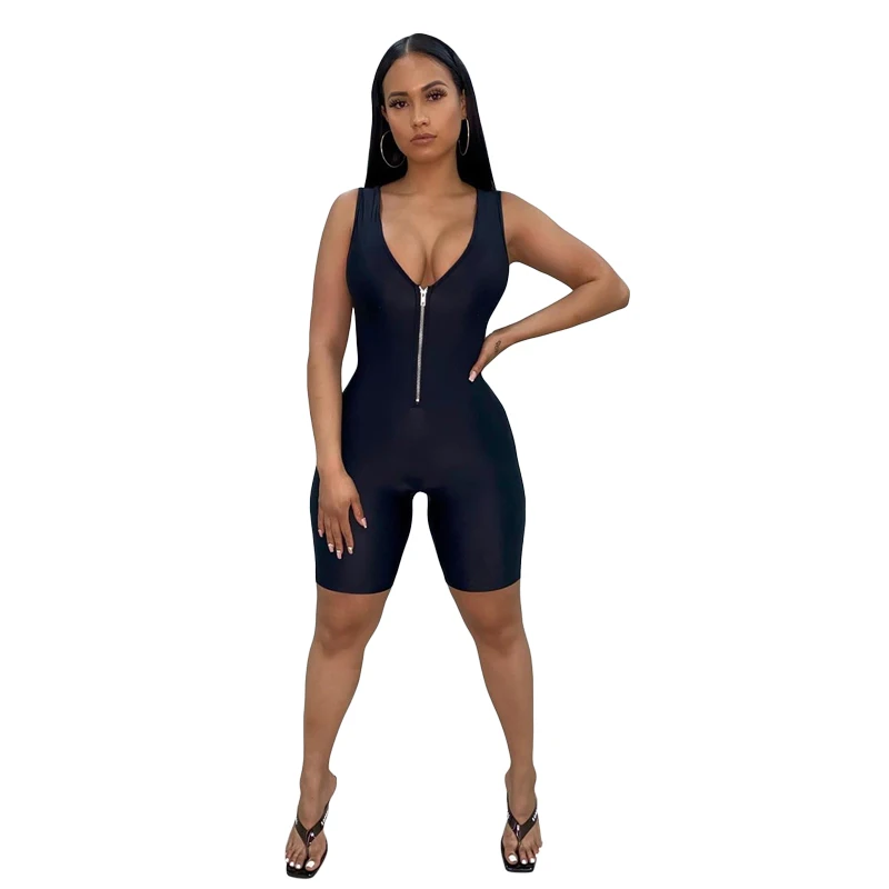 

Kliou 2020 summer skinny bodycon women one piece jumpsuits and rompers zipper sleeveless activewear jumpsuit