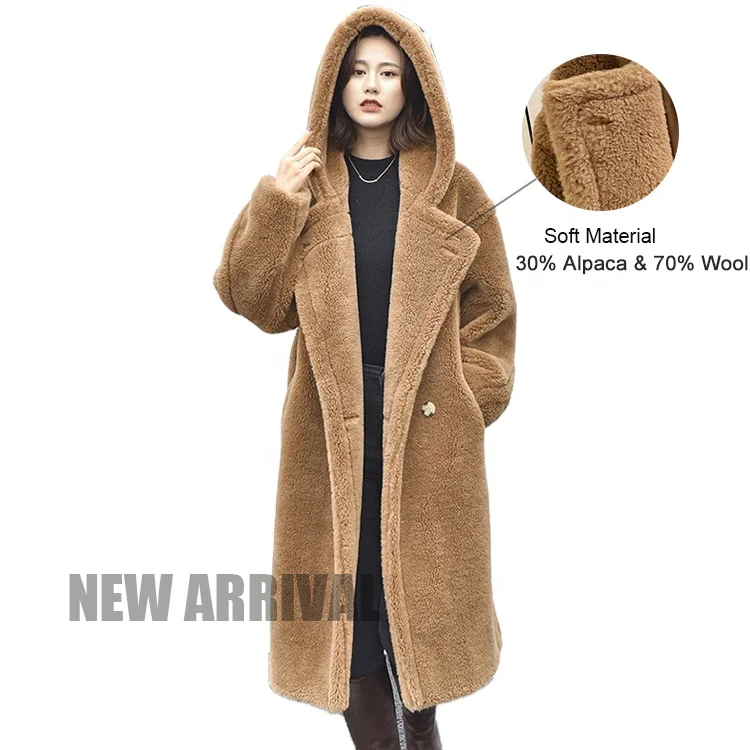 

Fashion Style Alpaca Wool Teddy Coat Oversize Hooded Sheep Fur Shearling Long Teddy Coat, Customized color