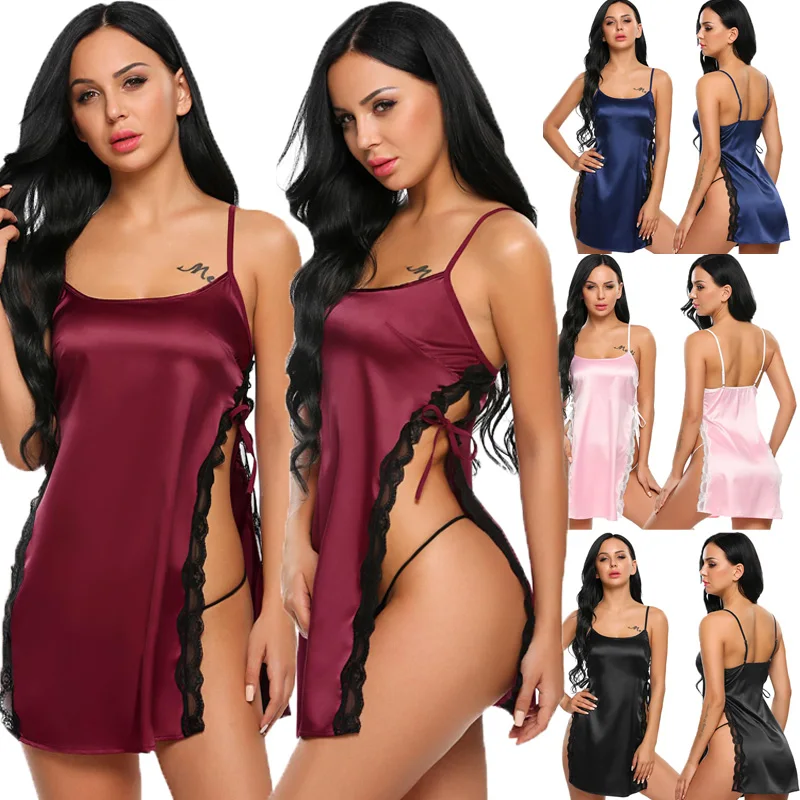

Women Sexy Babydolls Lingerie Exotic Hot Nightgown Ladies Silk Lace Robe Dress Babydoll+G-String 2pcs Sets Nightdress Sleepwear, As pictures