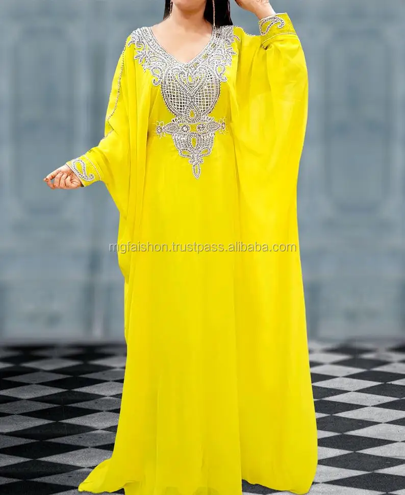 Yellow Caftan Beaded And Applique Long Beautiful Maxi Abaya 2020 Dubai Kaftan Buy Long Maxi 