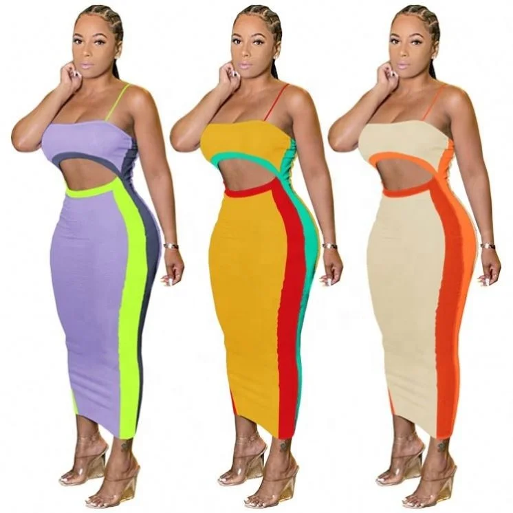 

Fashion Sexy Ladies Slip Dress Color Block Stretchy Summer Women Bodycon Dresses