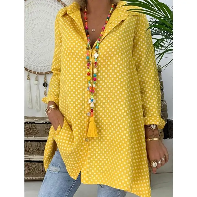 

2021 New Women Boho Dot Long Blouses Summer Long Sleeve Loose Blouses Lady Fashion Casual Blouse Shirts Top