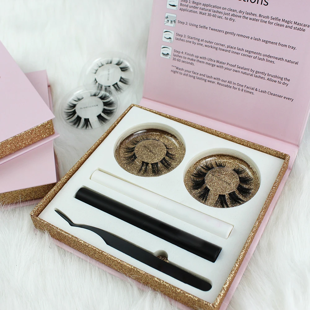 

Customized Packaging Soft Thin Black Band Segmented Lashes Kits Load Two Pairs Lashes Bond Sealant And Remover Oil