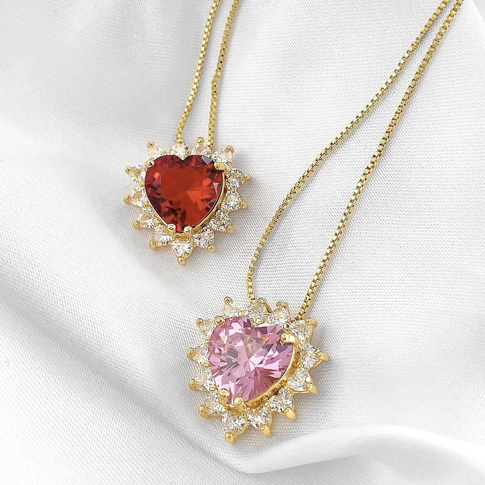 

Valentine's Gift Iced Out Bling Diamond Red Pink CZ Heart Pendant Necklaces