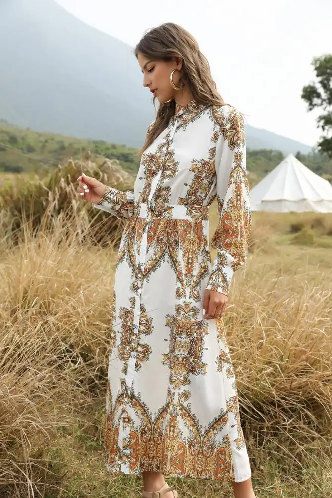 Bohemian Style Floral Printed Casual Dresses Palace Sleeve Print Shirt Sleeve Dress