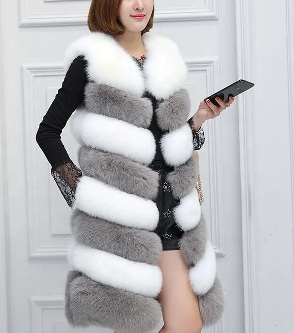 

Factory Wholesale Classic British style 2 tones Medium length Women faux fur Vest, Customized color