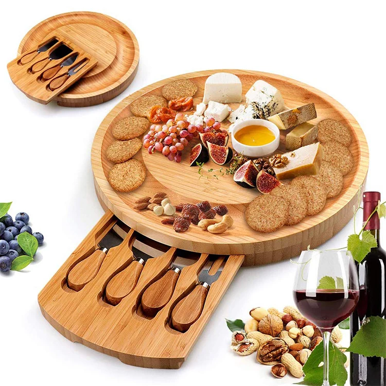 

Luxurious 13.5 Inches Round Natural Drawer Design Bamboo Cheese Board