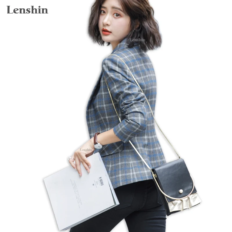 

Lenshin Soft and Comfortable High-quality Plaid Jacket with Pocket Office Lady Casual Style Blazer Women Wear Single Button Coat, Blue, gray