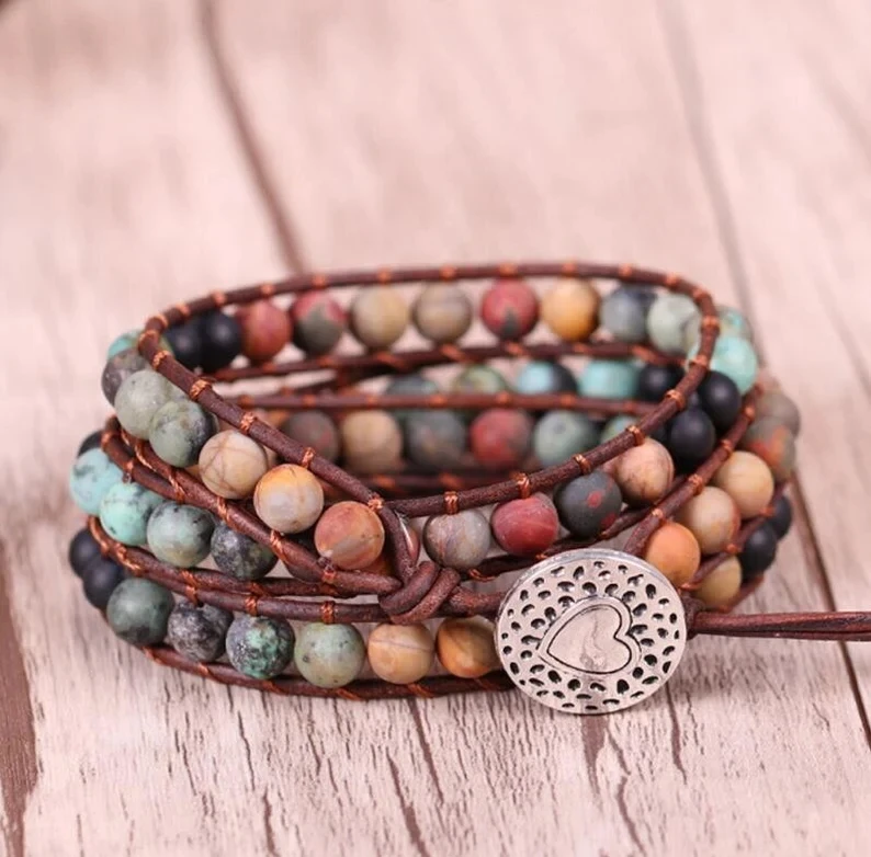 

Bohemian Braided Three 3 Layer Mixed Natural Stone Multi Layer African Turquoise Beads Leather Rope Wrap Heart Bracelets