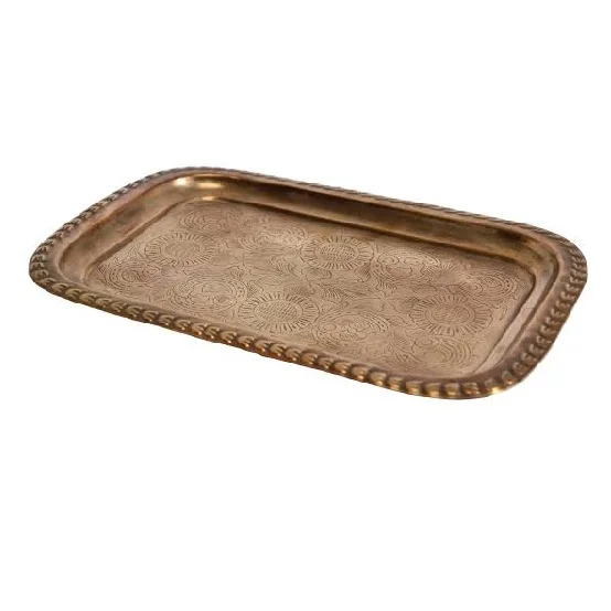 Copper Hammered Design Oval Serving Tray With Handles Tabletop