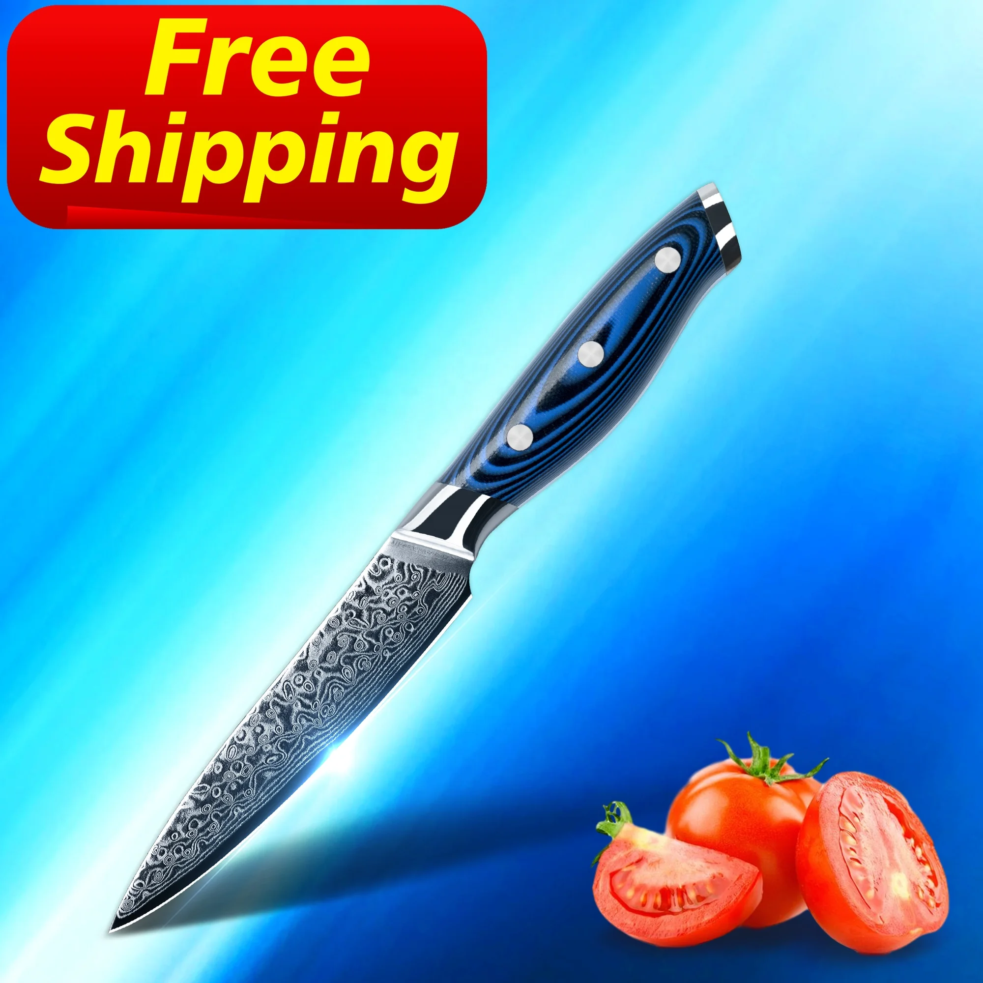 

Free Shipping orders over 100 pcs Amazon online shopping 5 inch chef knives utility knife steak knife with Blue G10 Handle, Customized color