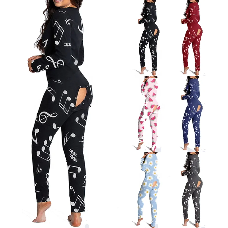 

Women Printed Pijamas De Mujeres Onesie Butt Flap Pajamas For Adults, As shown