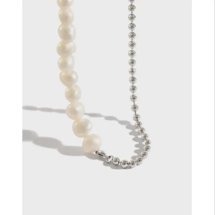 

S925 Silver pearl short Choker Baroque freshwater pearls Layering Chain Necklace Sterling Silver beaded statement necklace, Picture