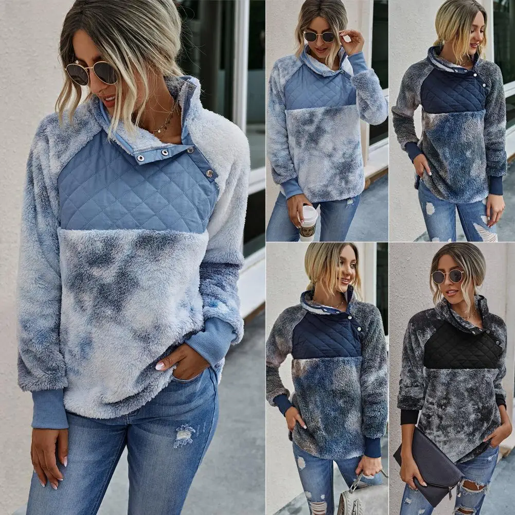 

Cowinner 2021 Tie Dye Long Sleeve Zipper Sherpa Sweatshirt Women Soft Fleece Patchwork Pullover Outwear Coat