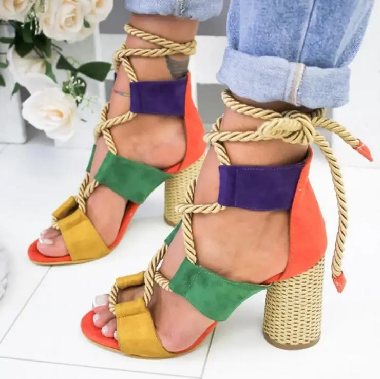

Rainbow colorful chunky women beach 2020 black fur block heel for ladies sandals