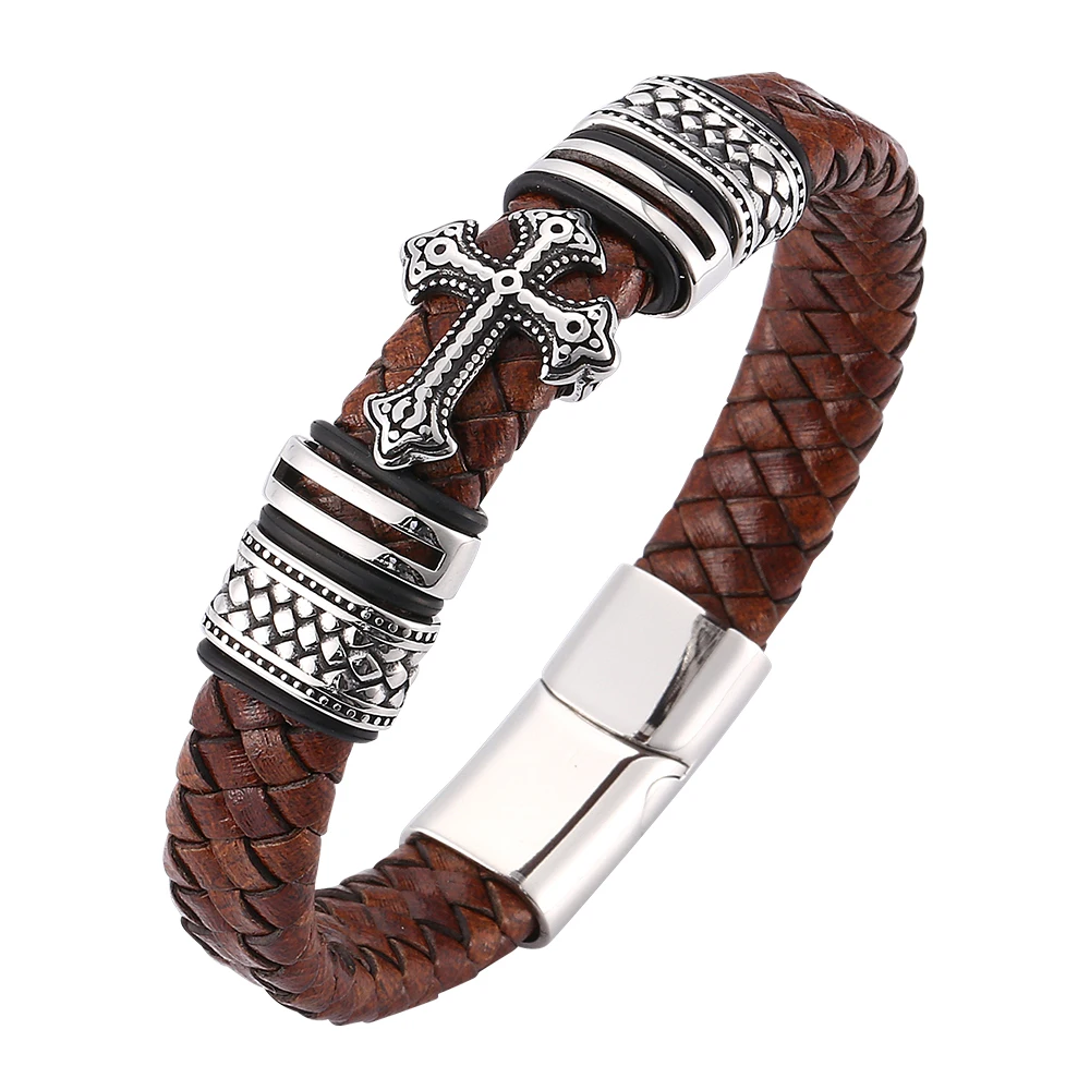 

Vintage Men Jewelry Brown Braided Leather Cross Bracelet Stainless Steel Magnetic Bracelet Handmade Bangles SP0061