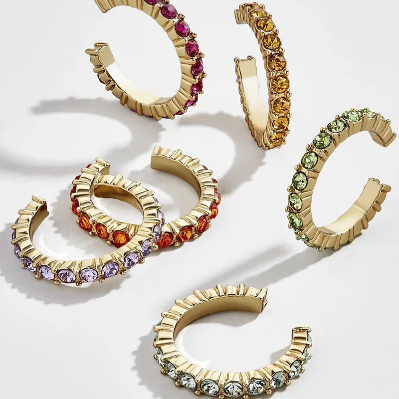

6pcs Rainbow Ear Clip For Women C-Shaped No Pierced Colorful Rhinstone Cuff Earrings Fashion Female Accessories Wholesale