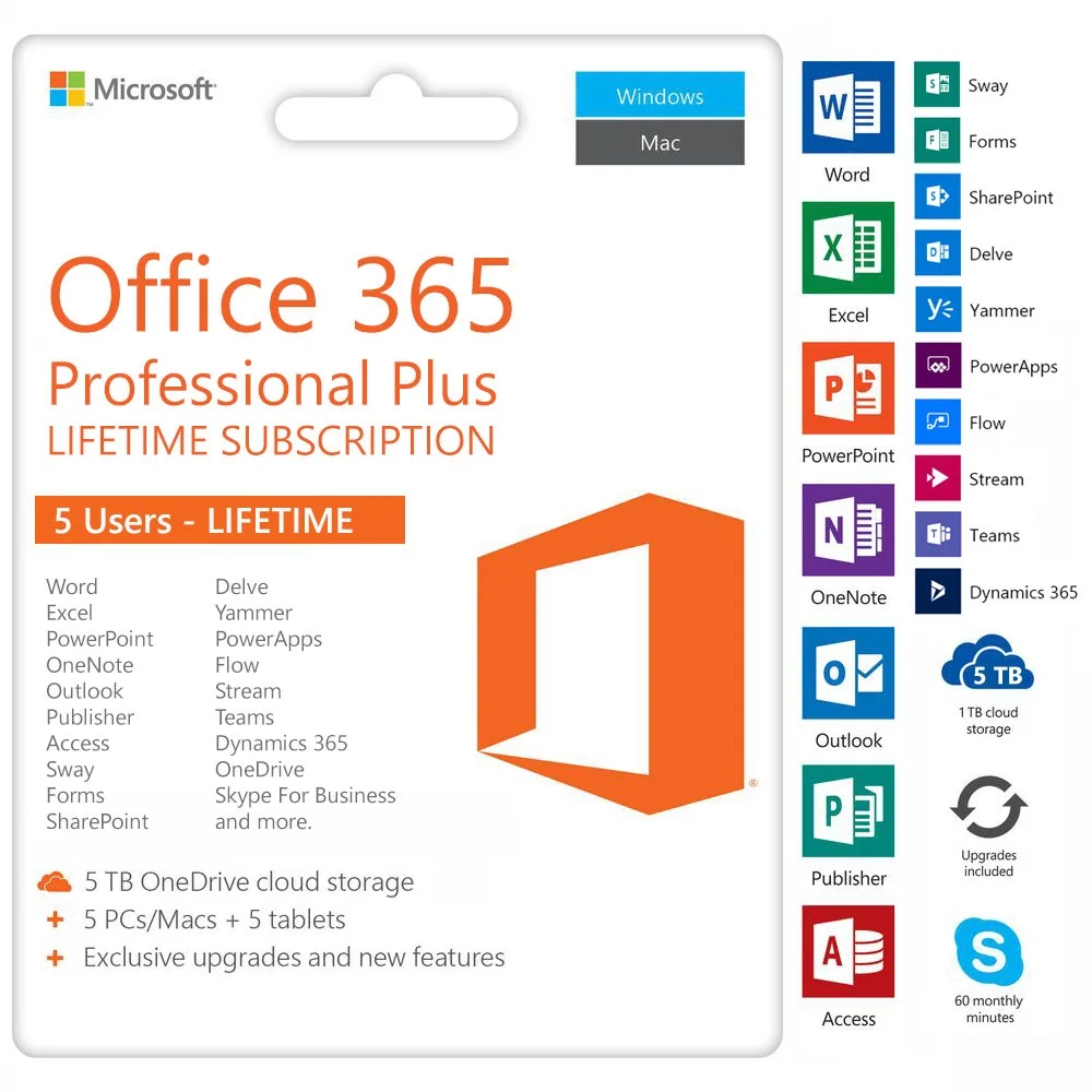 

Microsoft Office 365 lifetime License for 5 Devices PC and Mac office 365 pro plus 100% online activation Account+Password