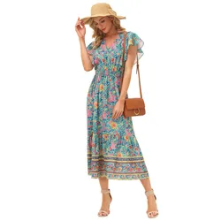 OEM Smocked Waist Surplice V-Neck Flared A-Line Summer Ladies Bohemian Maxi Dresses