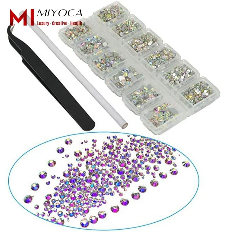 

MIYOCA 2016 Pcs Crystals Flatback Rhinestones 6 Mix Sizes AB Nail Art Decorations Round Glass Stones With Wax Pen and Tweezers