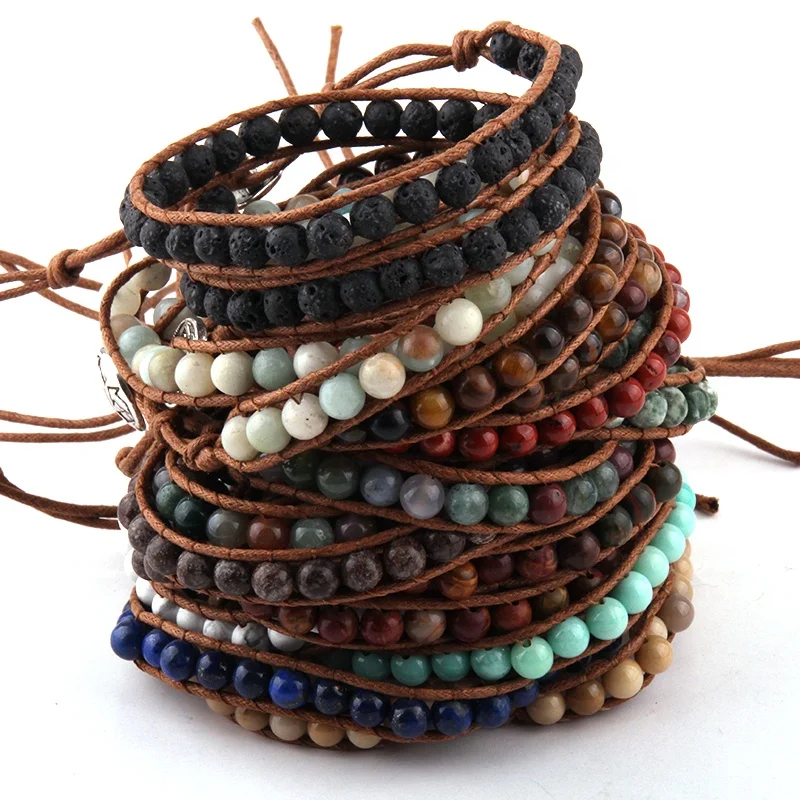 

6mm India Agate Stone Beads Women Bracelet 2 Row Leather Cord Bracelet Amazonite Stone Wrap Bracelet