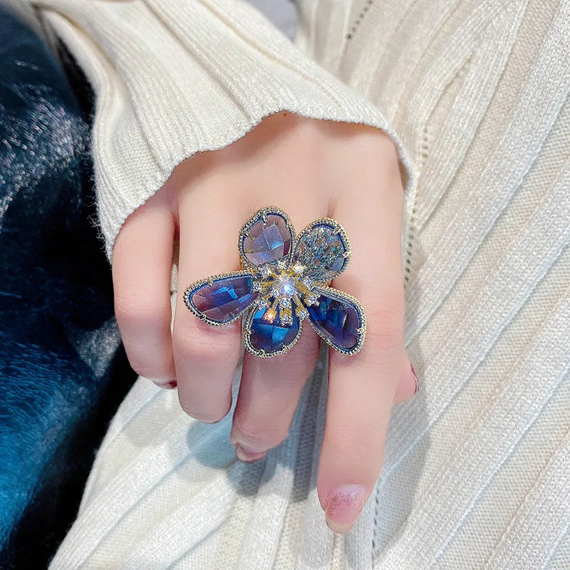 

Crystal flower shape girls ring fashion open ring index finger ring, Gold