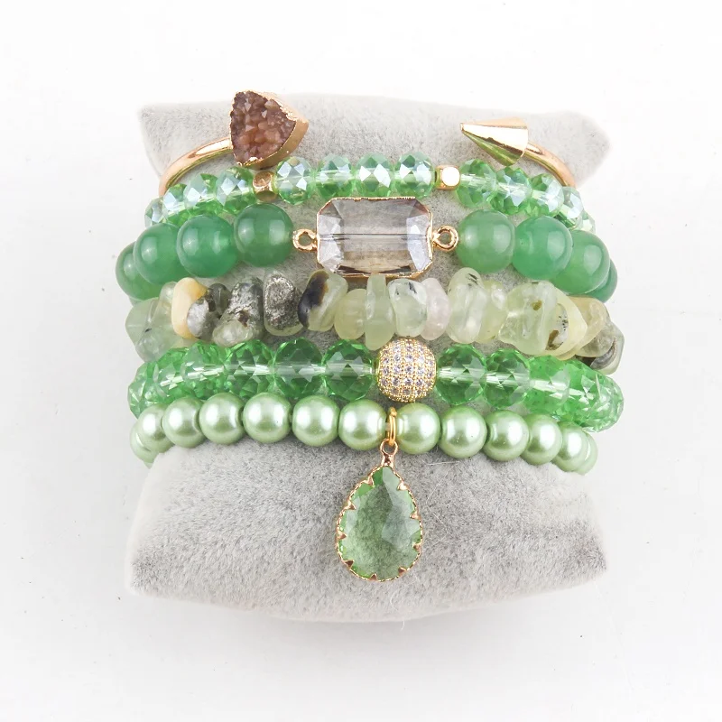 

Fashion Jewelry Women Druzy Bangle Chip Stone Elastic Gemstone Bracelet Set Grass Green Crystal Glass Beads Stack Bracelets Set