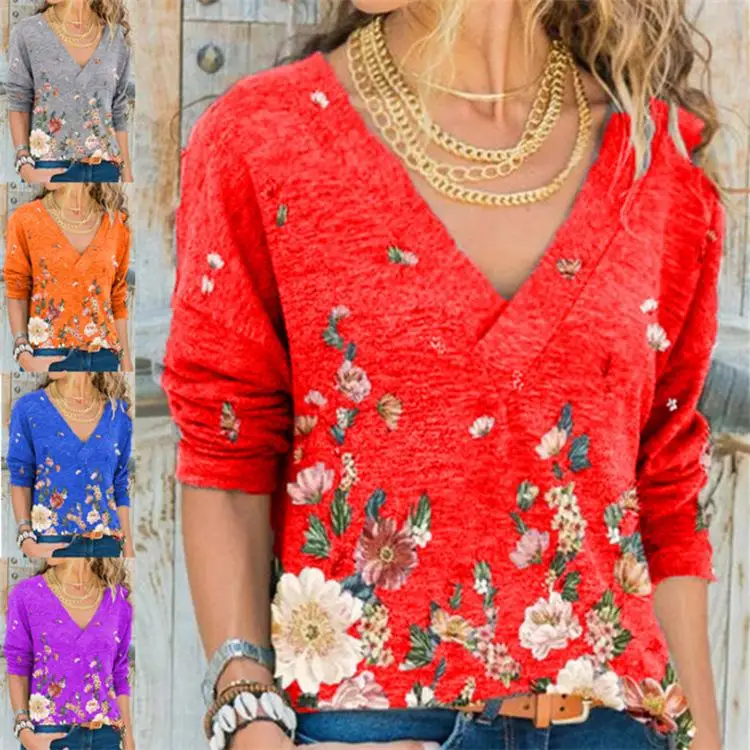 

2021 Ladies Tops Western Long Sleeve Woman Floral Print Ladies Fashion Plus Size Blouse
