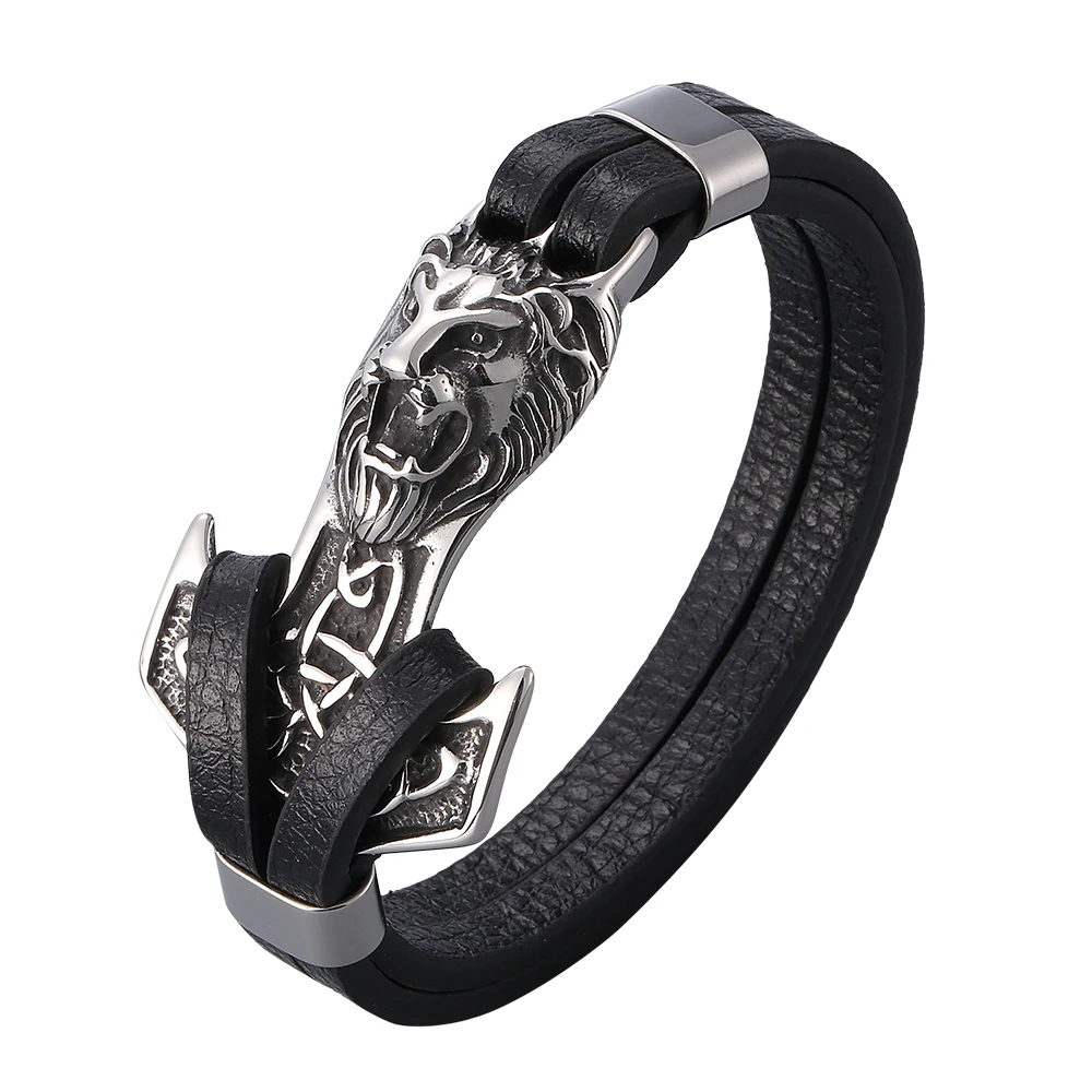 

Bracelets Leo Lion Stainless Steel Anchor Shackles Black Leather Bracelet Male Wristband Fashion Jewelry Gift SP1022