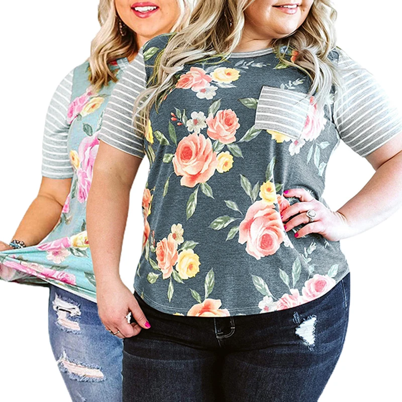 

Wholesale Women Summer Fashion Tops Stripes Floral Plus Size Ladies Graphic Tee Shirts