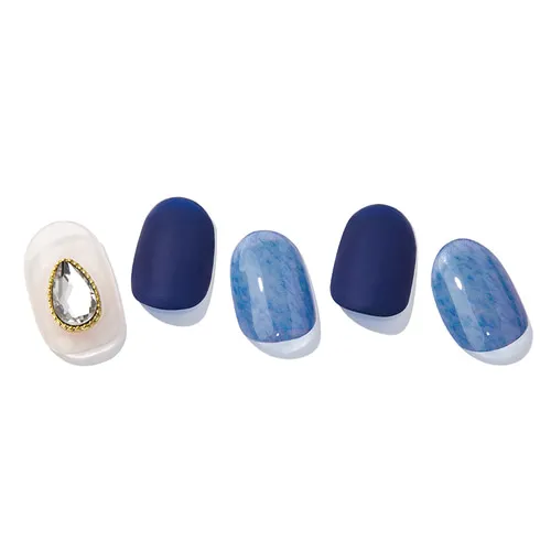 

30 Strips Korea Beauty Custom Water Drop Rhinestone Design Ohora Semi Cured Gel Art Nail Wrap Polish Strips Stickers Sheet, Matte velve texture blue