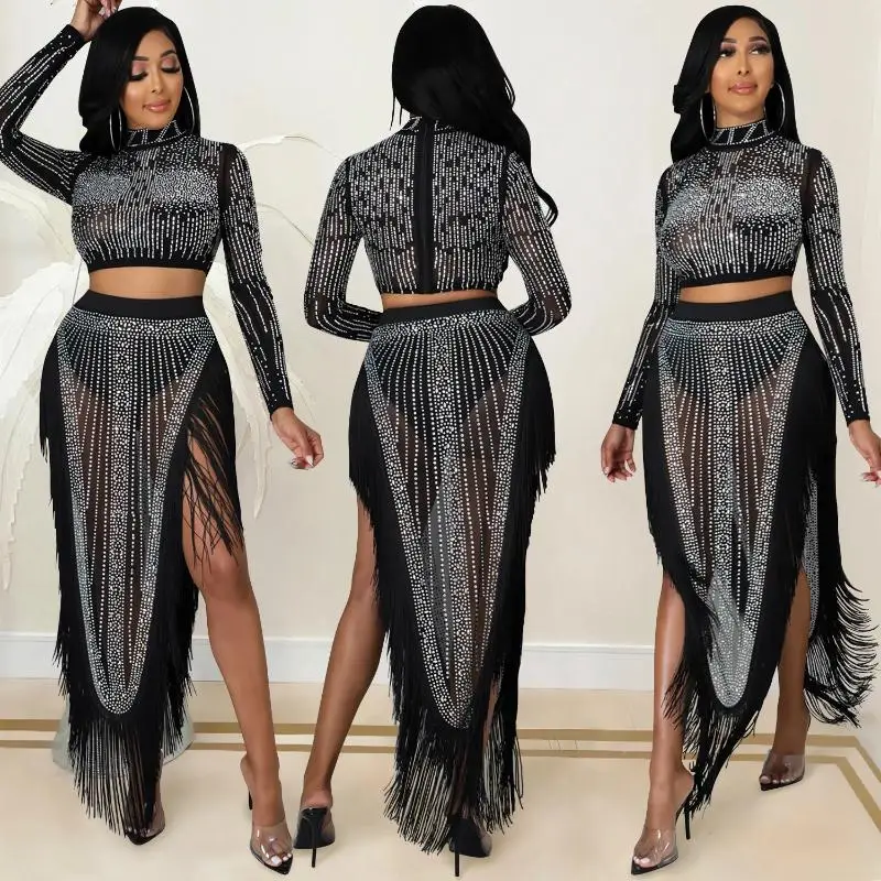 

Evening Diamond Mesh Perspective Long Sleeve Split Sexy Dress Two Piece Set