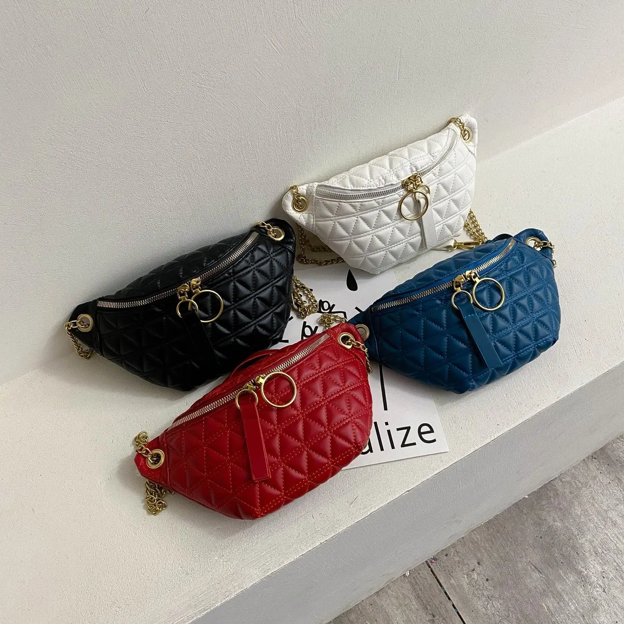 

2020 Diamond Pattern Girls Fanny Pack Ladies Chain PU Leather Embroidered Waist Woman Bag High Quality, Customized color