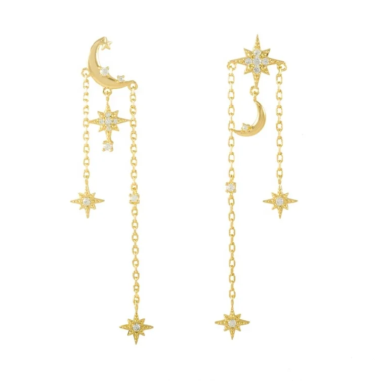 

Fashion Accessories gold plated 925 silver jewelry moon and star long earrings
