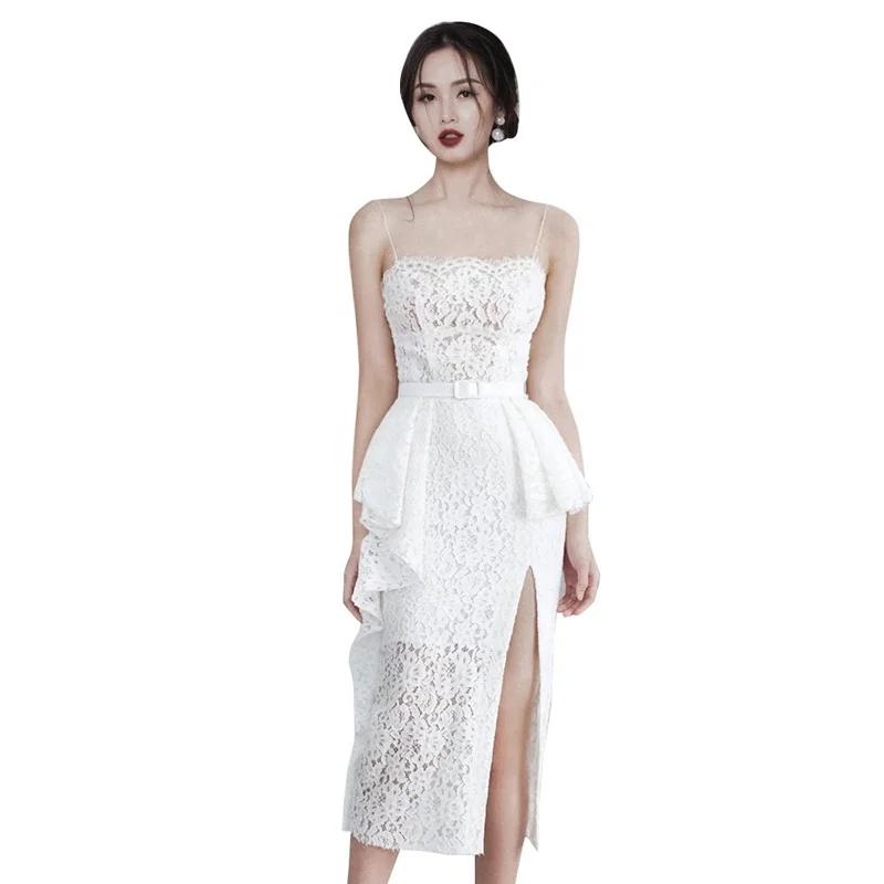 

Fashion Belt Lace Elegant Sleeveless Party Sexy Slit Hem Ruffle White Bodycon Midi Dress, Customized color