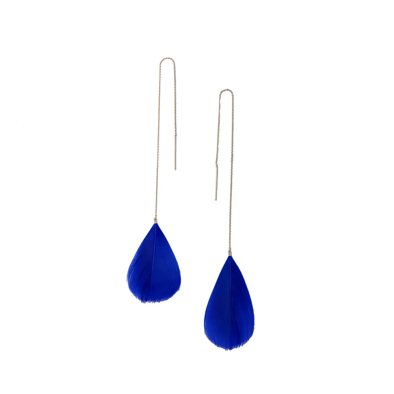 

ed00767c Blue White Feather Long Gold Chain Dangle Simple Fashion Gorgeous Ladies Party Dress Drop Earrings Wholesale