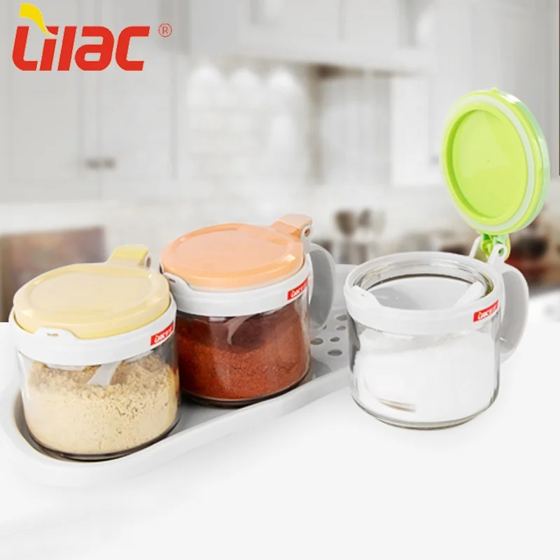 

Lilac FREE Sample 400ml*3 kitchen clear glass storage bottle container condiment di/spice/seasoning box jars with spoon, Green/yellow/orange